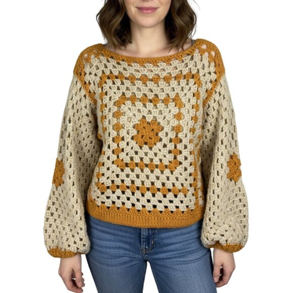 Handmade Sweaters - Handmade Crochet Boat Neck Sweater - Boho, Retro, Fall, Knit Granny Square, Folk